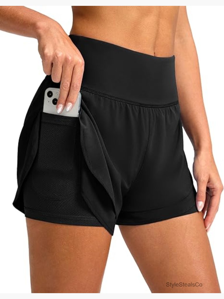 2 In 1 Running Shorts With Pockets High Waisted Workout Athletic Shorts With